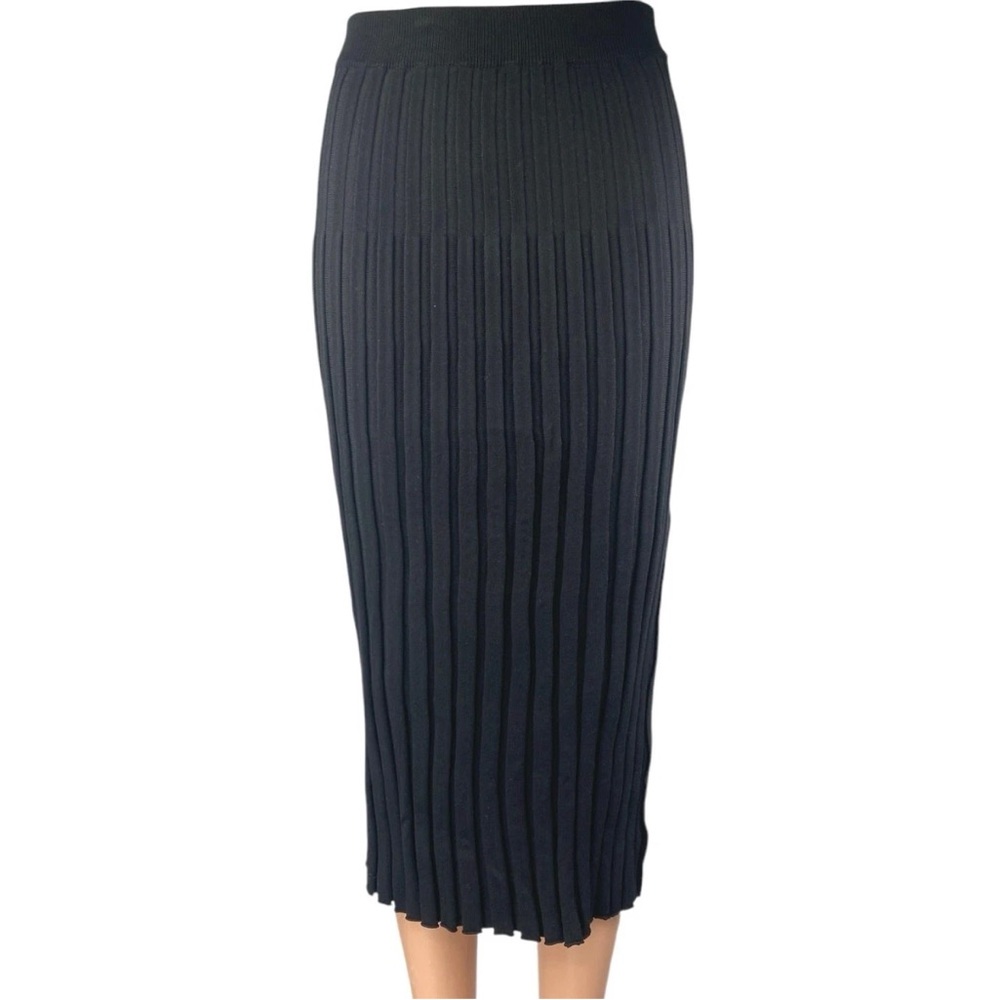 O.Vianca Black Rib Knit High Waist Slit Pull On Midi Straight Pencil Skirt Sz S